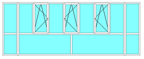 Балконная рама 6-ти метровая П-образная от пола до потолка с тремя створками 3-х камерный профиль Exprof 58 мм, стеклопакет два стекла 2003